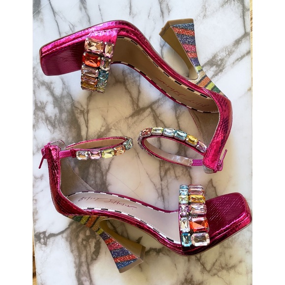 NEW BETSEY JOHNSON Emani Jewel Embellished Rainbow Colors Glitter Heels SandalS - Picture 3 of 11